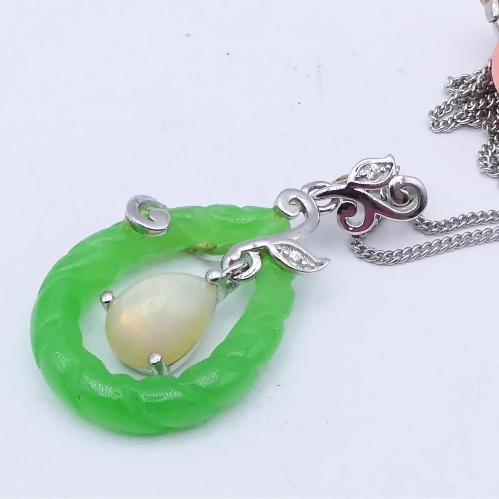 Djoy Sterling Silver Opal Carved Jade Platinum Plated Leaf Pendant Necklace 20in